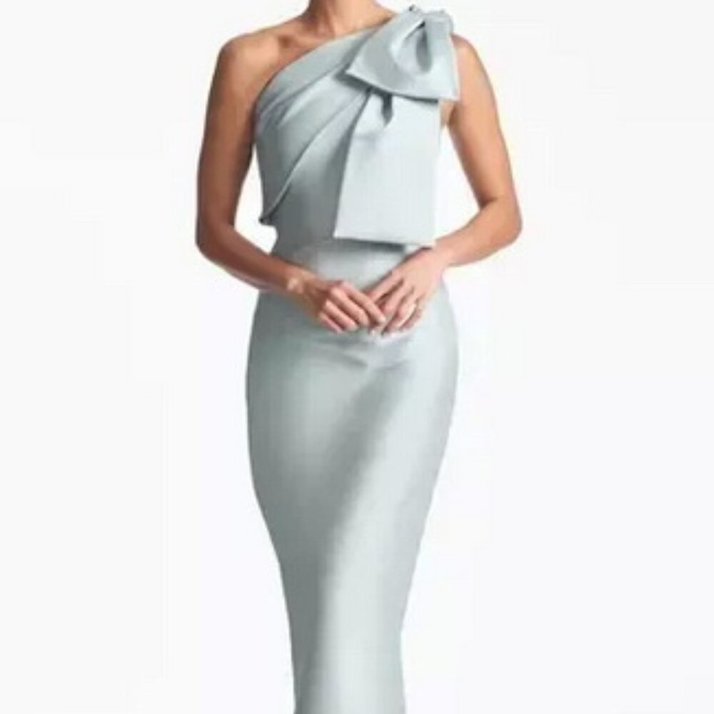 Sachin & Babi Ash Blue Bonnie Bow One-Shoulder Satin Gown